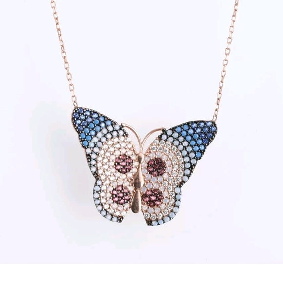 Sapphires turquoise topaz&ruby rose gold butterfly - Picture 2 of 4
